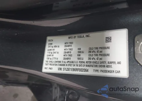 2024 Tesla Model 3 Long Range Dual Motor All-Wheel Drive из США, поврежденный, VIN 5YJ3E1EB6RF802064